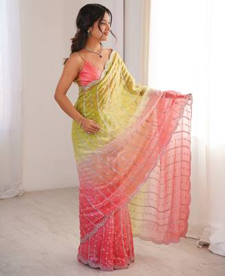 Green color fendy satin fabric beautiful fancy embroidered saree 2