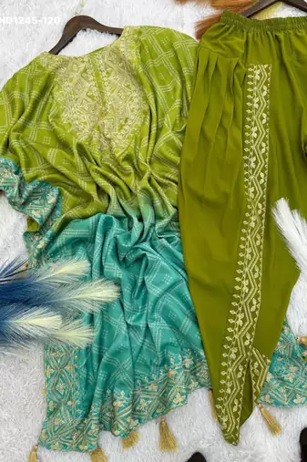 Parrot-green silk blend embroidered kurta-sets