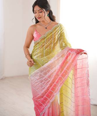 Green color fendy satin fabric beautiful fancy embroidered saree 3