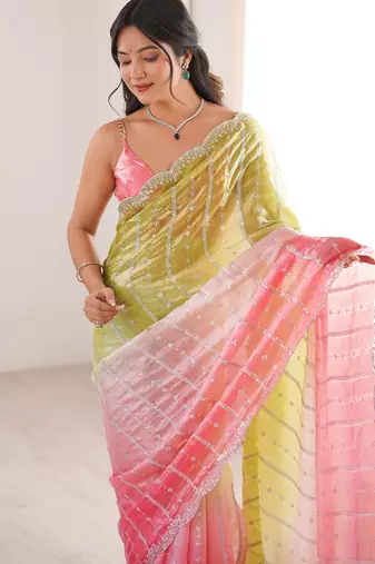 Green color fendy satin fabric beautiful fancy embroidered saree