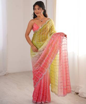 Green color fendy satin fabric beautiful fancy embroidered saree 4