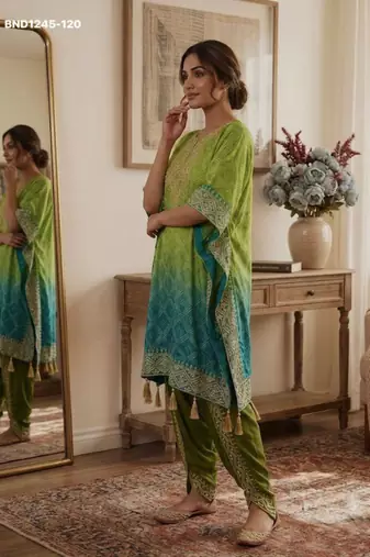Parrot-green silk blend embroidered kurta-sets