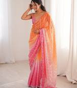 Orange color fendy satin fabric beautiful fancy embroidered saree