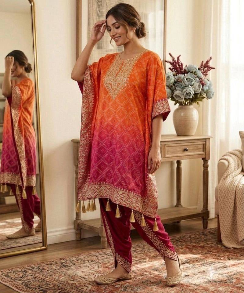 Orange silk blend embroidered kurta-sets