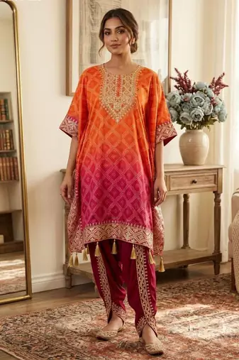 Orange silk blend embroidered kurta-sets