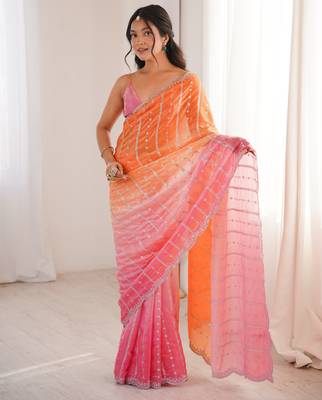 Orange color fendy satin fabric beautiful fancy embroidered saree 4