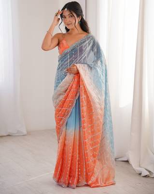 Blue color fendy satin fabric beautiful fancy embroidered saree 1
