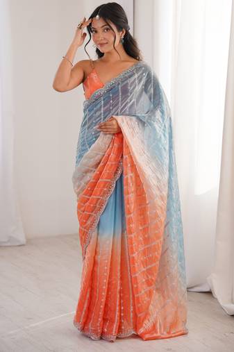 Blue color fendy satin fabric beautiful fancy embroidered saree