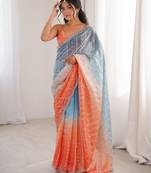 Blue color fendy satin fabric beautiful fancy embroidered saree