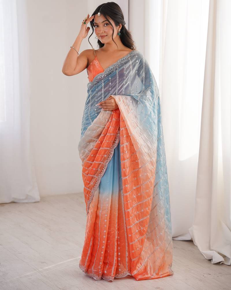 Blue color fendy satin fabric beautiful fancy embroidered saree