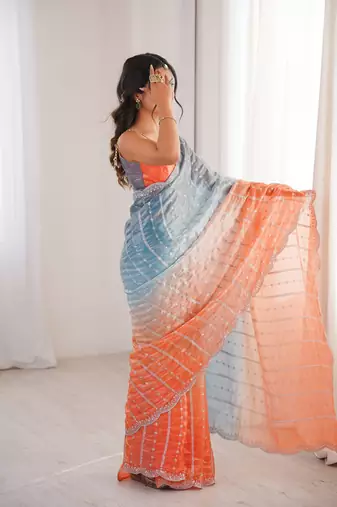 Blue color fendy satin fabric beautiful fancy embroidered saree
