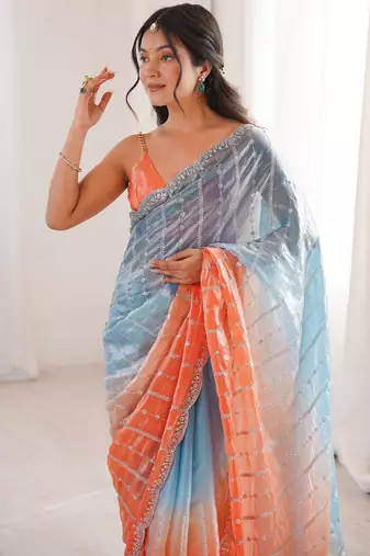 Blue color fendy satin fabric beautiful fancy embroidered saree