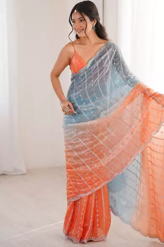 Blue color fendy satin fabric beautiful fancy embroidered saree