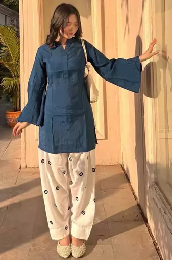Navy-blue rayon plain kurta-sets