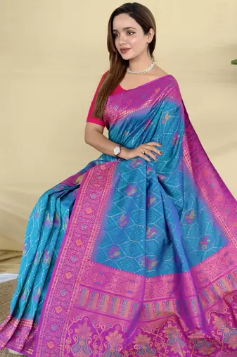 Blue zari weaving banarasi silk blend saree with imaginative blouse piece