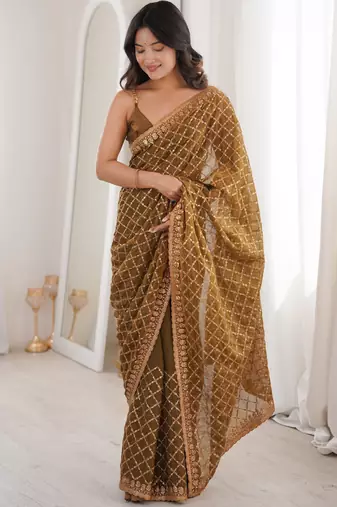 Coffee color moss two tone fabric heavy designer partywear saree