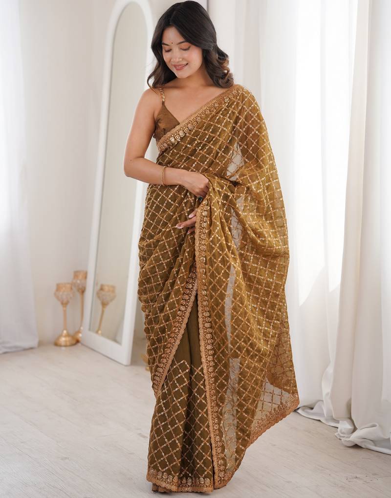 Coffee color moss two tone fabric heavy designer partywear saree