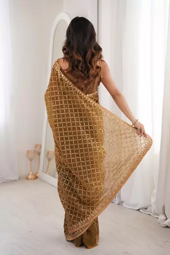 Coffee color moss two tone fabric heavy designer partywear saree