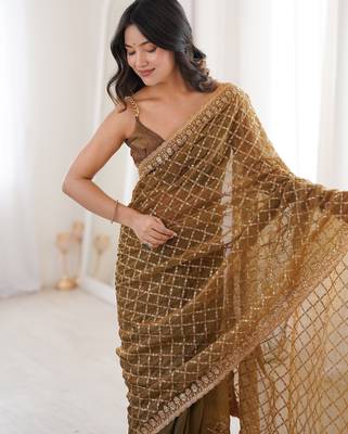 Coffee color moss two tone fabric heavy designer partywear saree 3