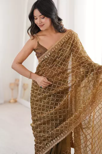 Coffee color moss two tone fabric heavy designer partywear saree