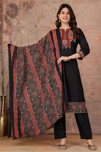Cotton straight kurti-pant-dupatta set