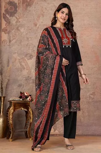 Cotton straight kurti-pant-dupatta set