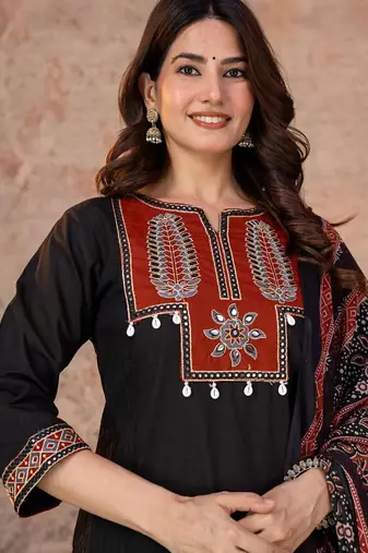 Cotton straight kurti-pant-dupatta set