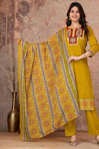 Cotton straight kurti-pant-dupatta set