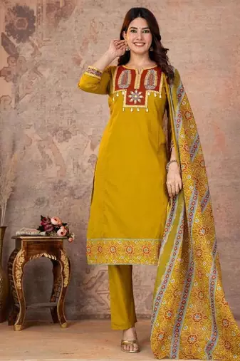 Cotton straight kurti-pant-dupatta set