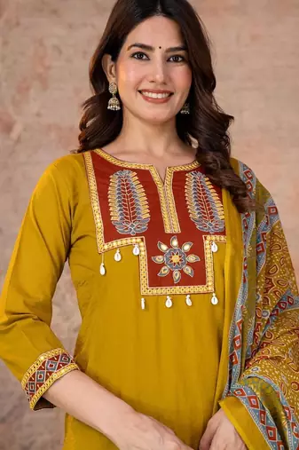 Cotton straight kurti-pant-dupatta set