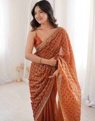Orange color moss two tone fabric heavy designer partywear saree 3