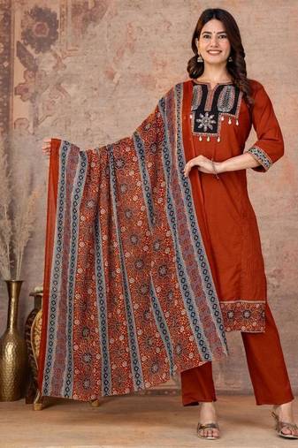 Cotton straight kurti-pant-dupatta set