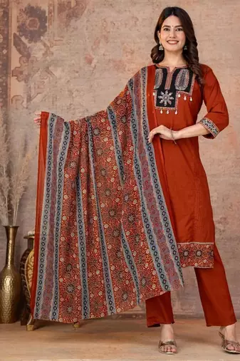 Cotton straight kurti-pant-dupatta set