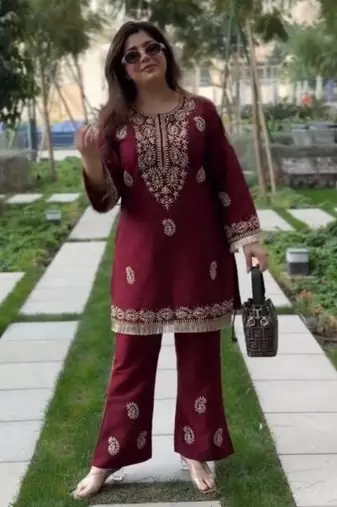 Rani-pink rayon embroidered kurta-sets