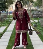Rani-pink rayon embroidered kurta-sets