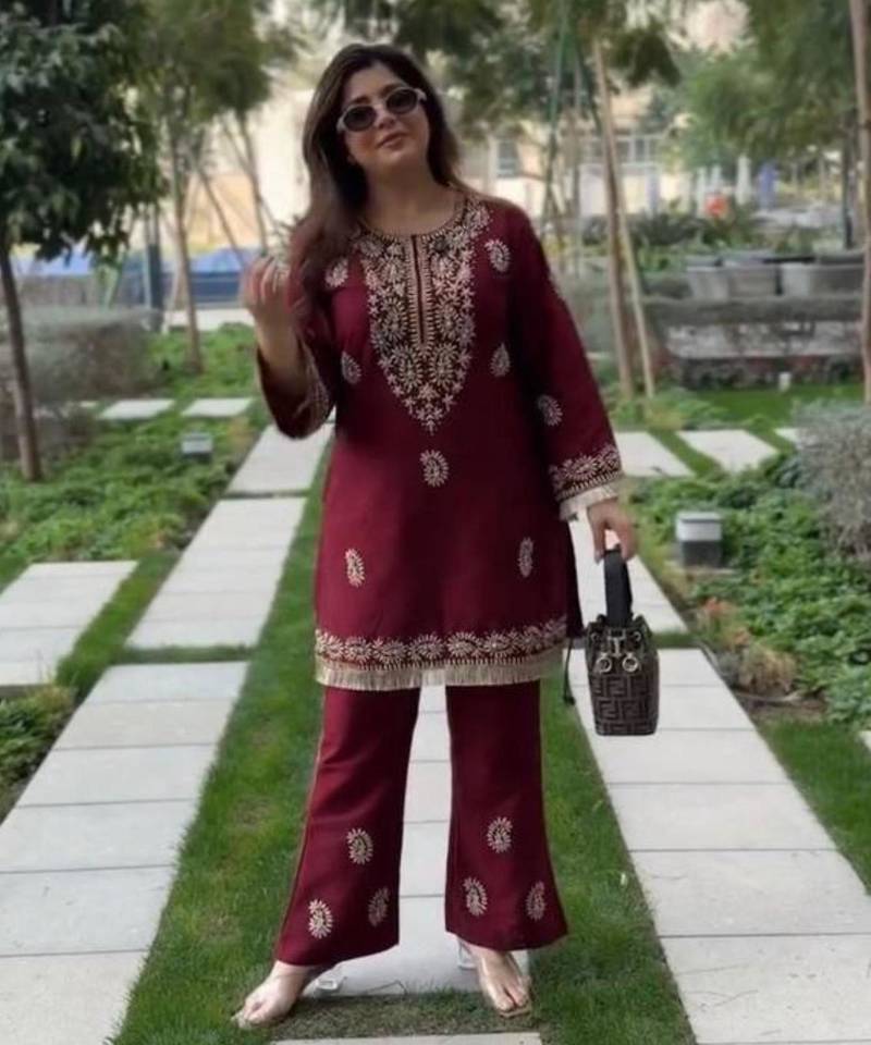 Rani-pink rayon embroidered kurta-sets