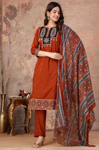 Cotton straight kurti-pant-dupatta set