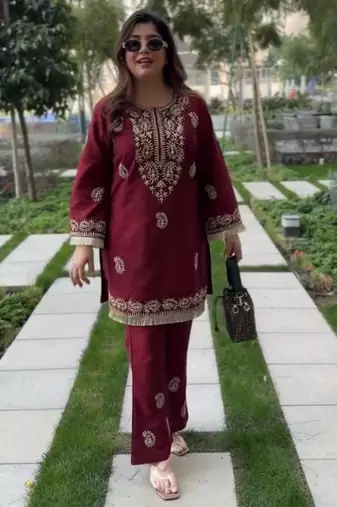 Rani-pink rayon embroidered kurta-sets