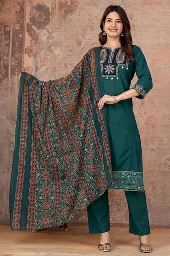 Cotton straight kurti-pant-dupatta set