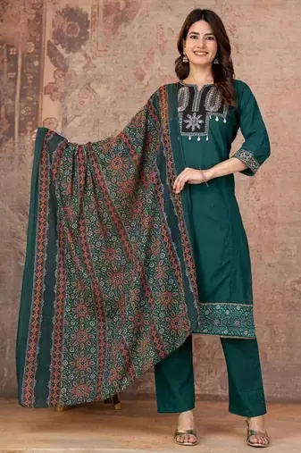 Cotton straight kurti-pant-dupatta set