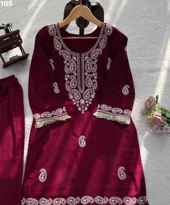Rani-pink rayon embroidered kurta-sets 3