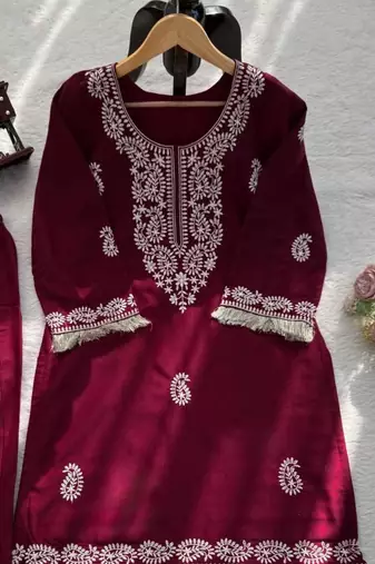 Rani-pink rayon embroidered kurta-sets