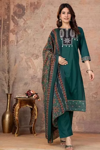 Cotton straight kurti-pant-dupatta set