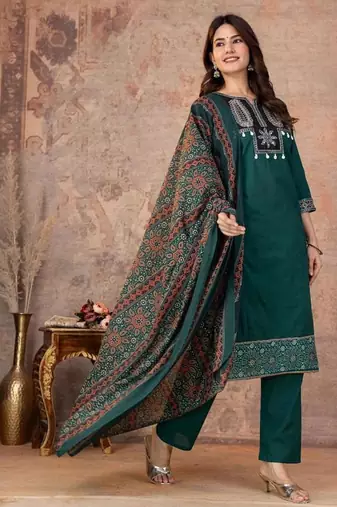 Cotton straight kurti-pant-dupatta set