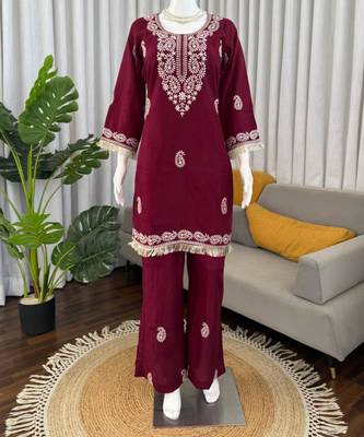 Rani-pink rayon embroidered kurta-sets 4