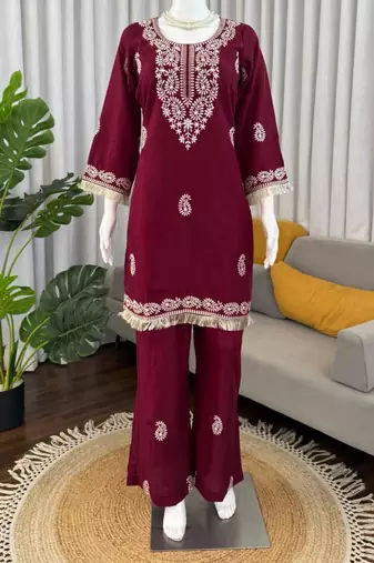 Rani-pink rayon embroidered kurta-sets