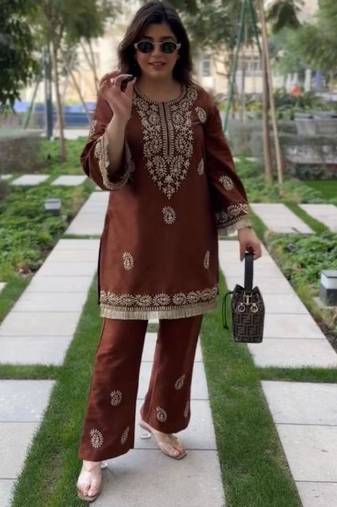 Brown rayon embroidered kurta-sets
