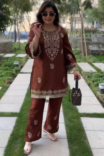 Brown rayon embroidered kurta-sets