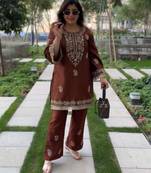 Brown rayon embroidered kurta-sets