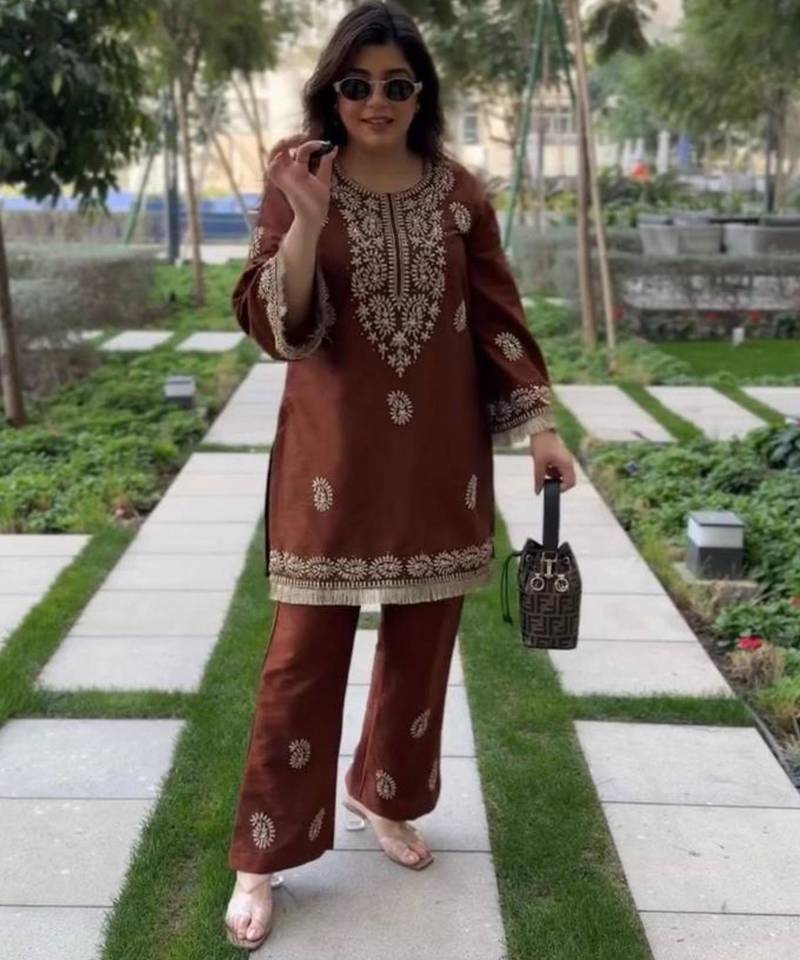 Brown rayon embroidered kurta-sets